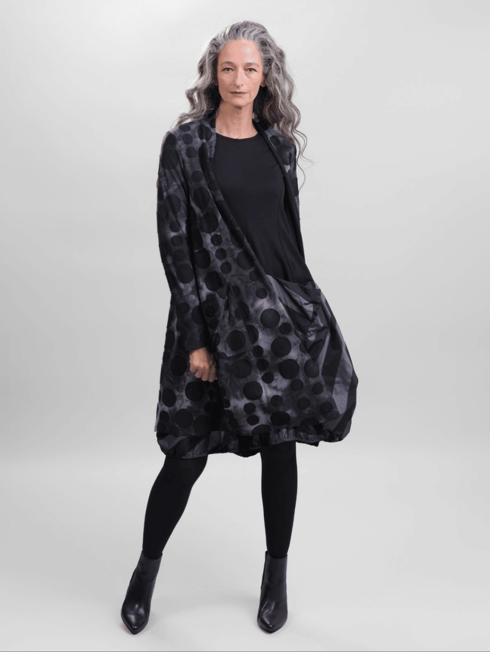 Alembika Knit Open Front Drape Swing Jacket Size 12 14 Black Grey Circle Print - Picture 2 of 16